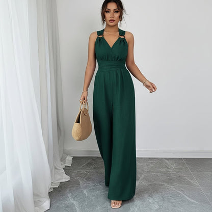 V Neck Wide Leg Jumpsuits