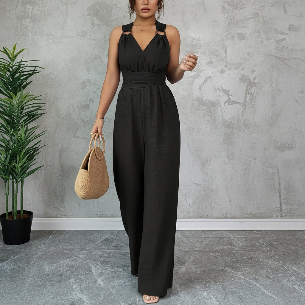 V Neck Wide Leg Jumpsuits