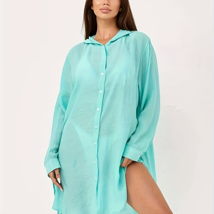 Hooded Button Beach Cover Up