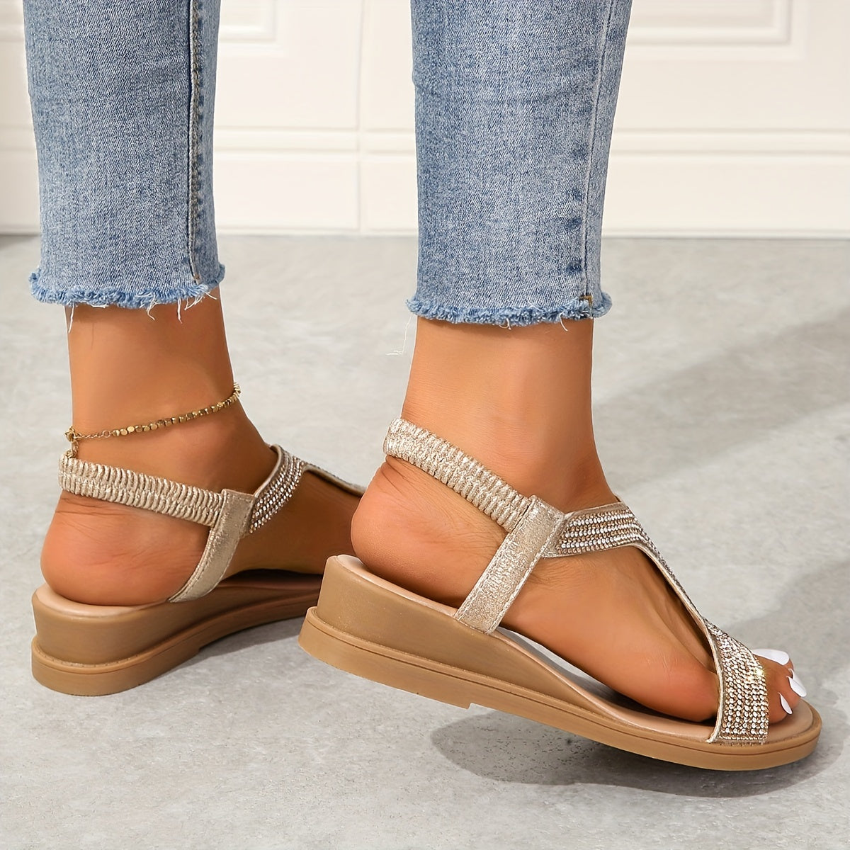 Rhinestone T Strap Wedge Sandals