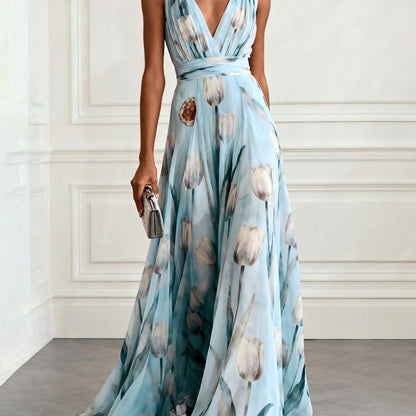 Floral V Neck A Line Maxi Dress