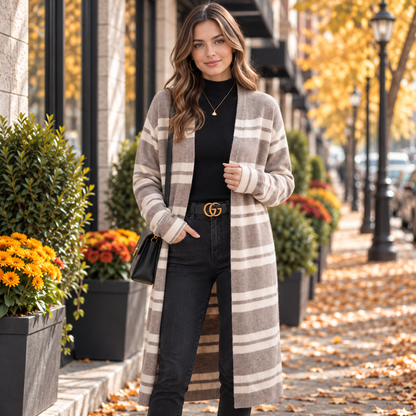 Übergroße gestreifte Longline-Strickjacke
