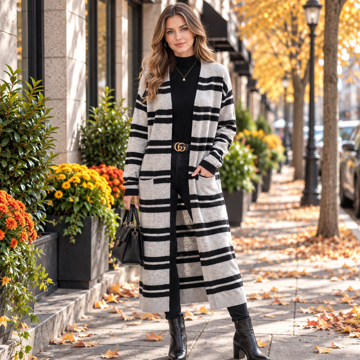 Übergroße gestreifte Longline-Strickjacke