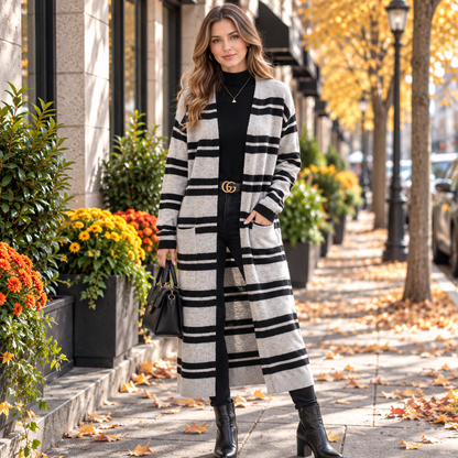 Übergroße gestreifte Longline-Strickjacke