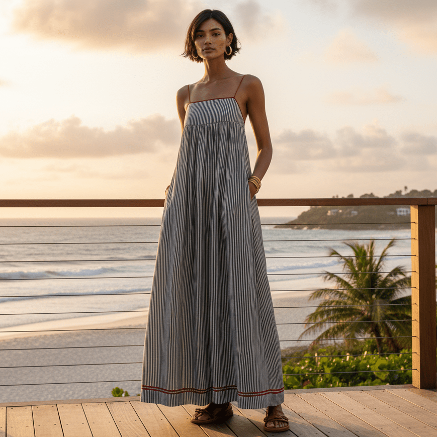 Maxikleid mit Farbblock und dünnen Trägern