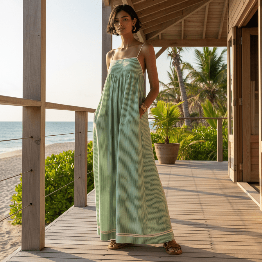 Maxikleid mit Farbblock und dünnen Trägern