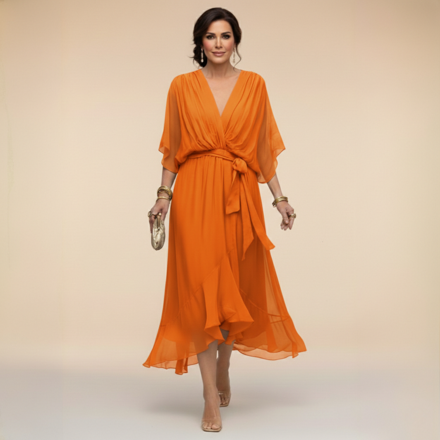 V Neck Tie Waist Chiffon Midi Dress
