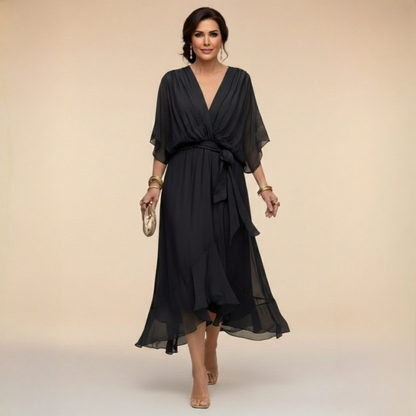 V Neck Tie Waist Chiffon Midi Dress