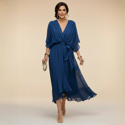 V Neck Tie Waist Chiffon Midi Dress