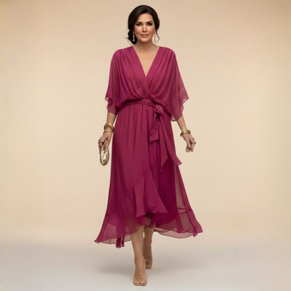 V Neck Tie Waist Chiffon Midi Dress