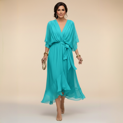 V Neck Tie Waist Chiffon Midi Dress