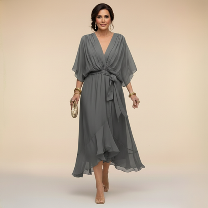 V Neck Tie Waist Chiffon Midi Dress