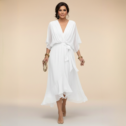 V Neck Tie Waist Chiffon Midi Dress