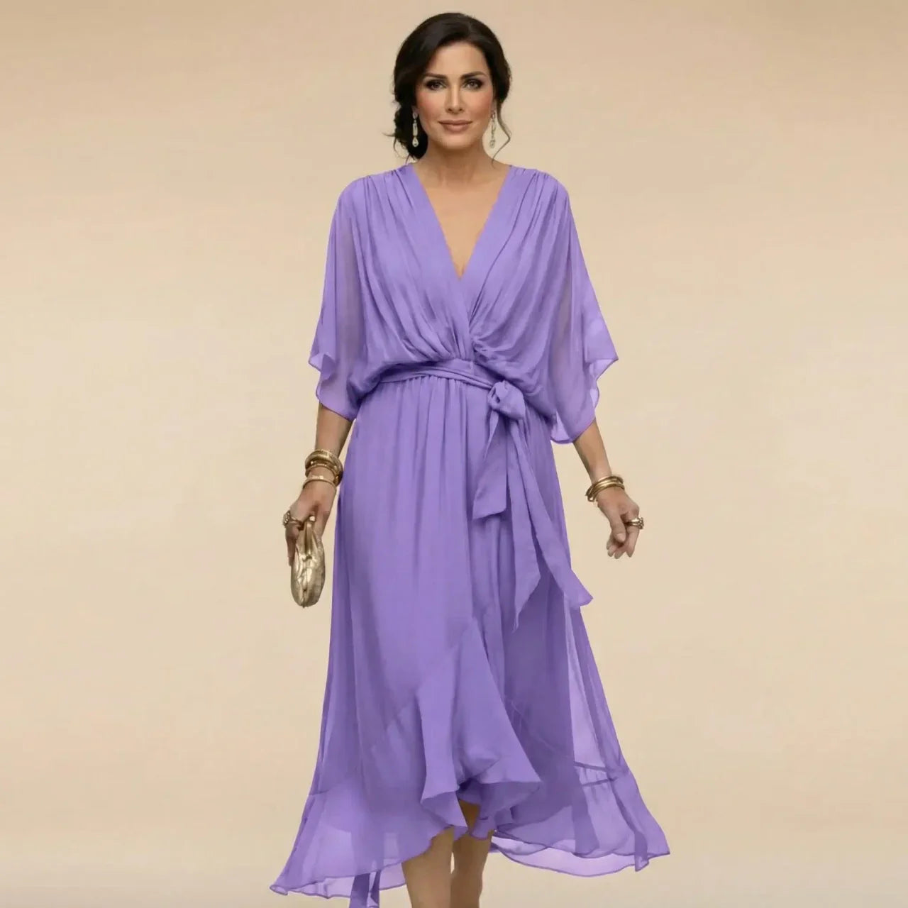 V Neck Tie Waist Chiffon Midi Dress