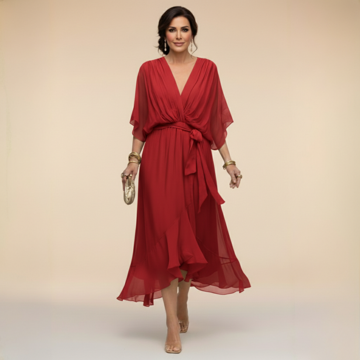 V Neck Tie Waist Chiffon Midi Dress