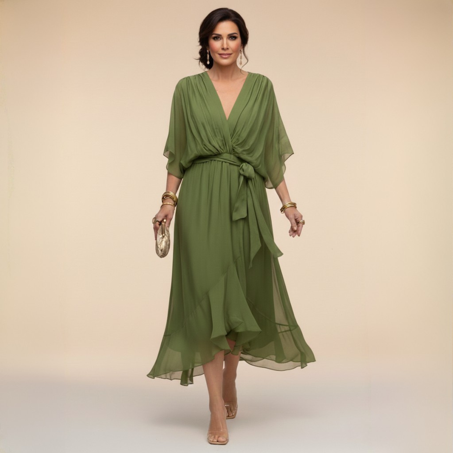 V Neck Tie Waist Chiffon Midi Dress