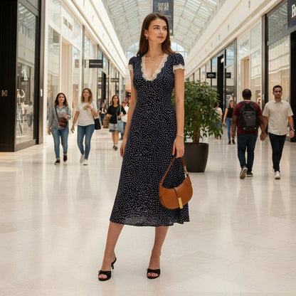 Dotted Midi Dress with Lace Trim and Puff Sleeves