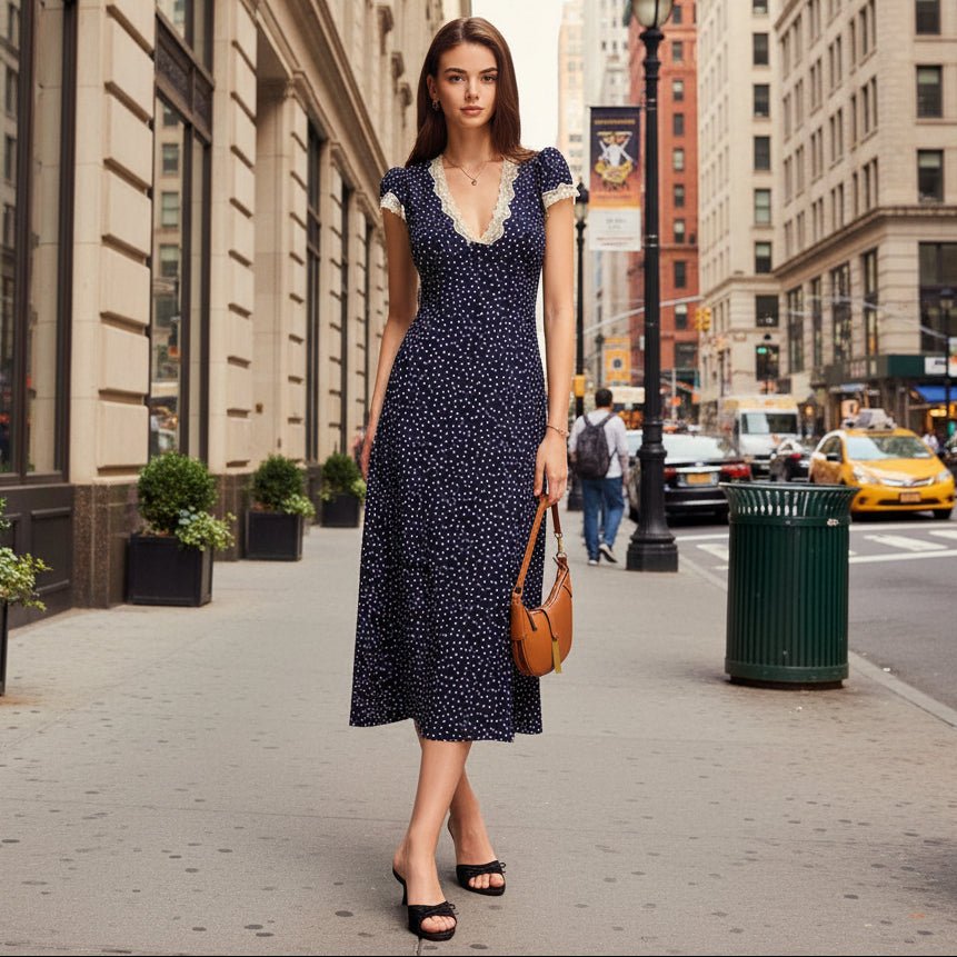 Dotted Midi Dress with Puff Sleeves and Lace Trim