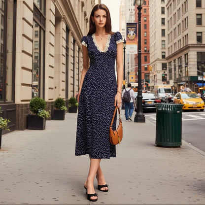 Dotted Midi Dress with Puff Sleeves and Lace Trim
