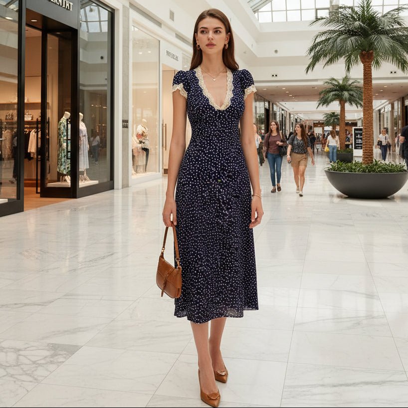 Dotted Midi Dress with Lace Trim and Puff Sleeves