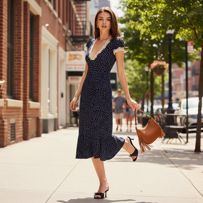 Dotted Midi Dress with Puff Sleeves and Lace Trim