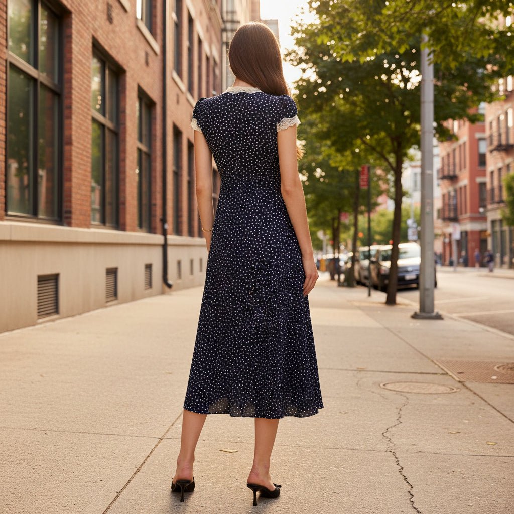 Dotted Midi Dress with Puff Sleeves and Lace Trim