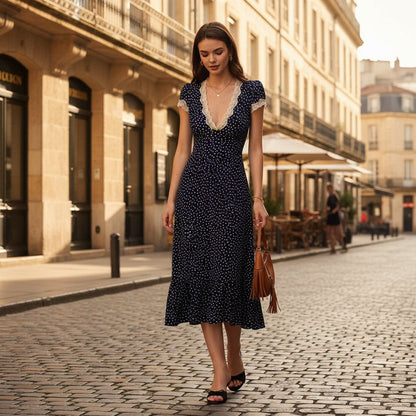 Maxikleid mit V-Ausschnitt und Polka-Dots