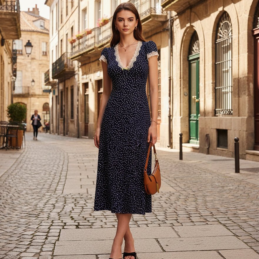 Maxikleid mit V-Ausschnitt und Polka-Dots