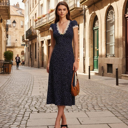 Maxikleid mit V-Ausschnitt und Polka-Dots