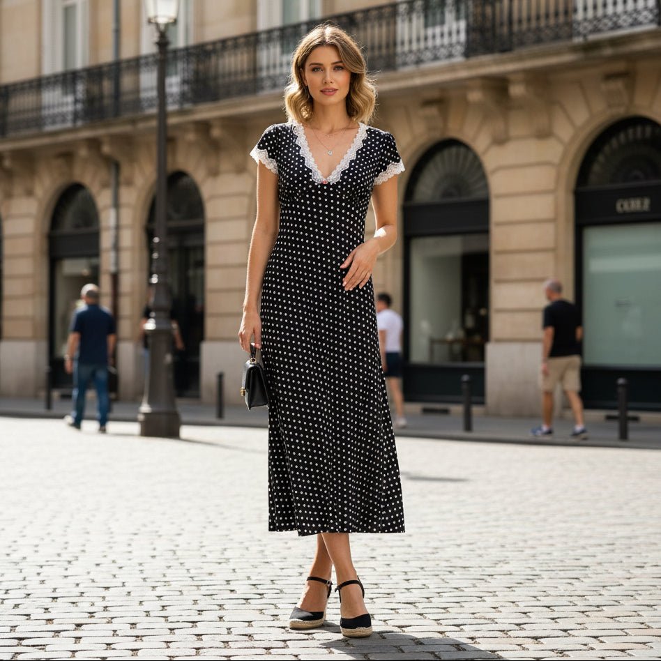 Maxikleid mit V-Ausschnitt und Polka-Dots