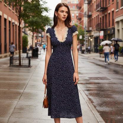 Maxikleid mit V-Ausschnitt und Polka-Dots