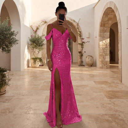 Vestido largo con escote off-shoulder y abertura alta