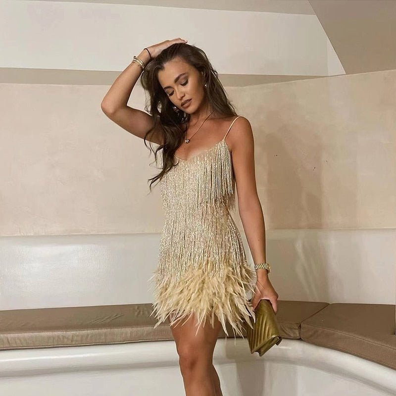 Sequined & Feather-Trim Mini Summer Evening Dress for Women