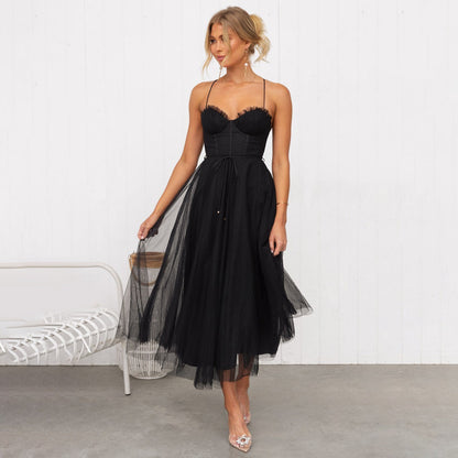 Spaghetti Strap Tulle Midi Dress