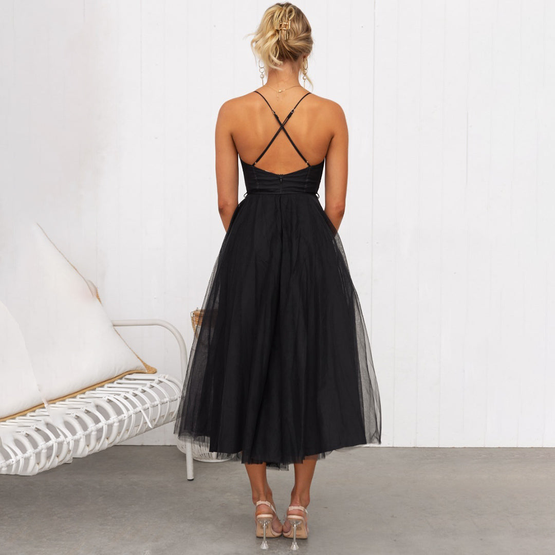 Spaghetti Strap Tulle Midi Dress