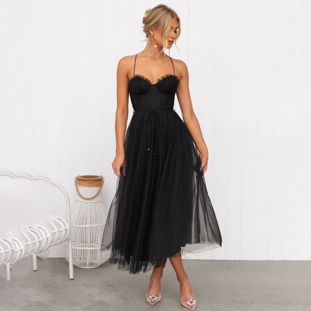 Spaghetti Strap Tulle Midi Dress