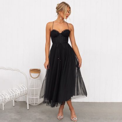 Spaghetti Strap Tulle Midi Dress