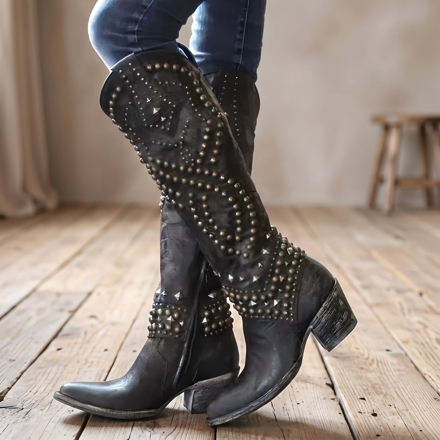 Embellished Western Knee-High Boots