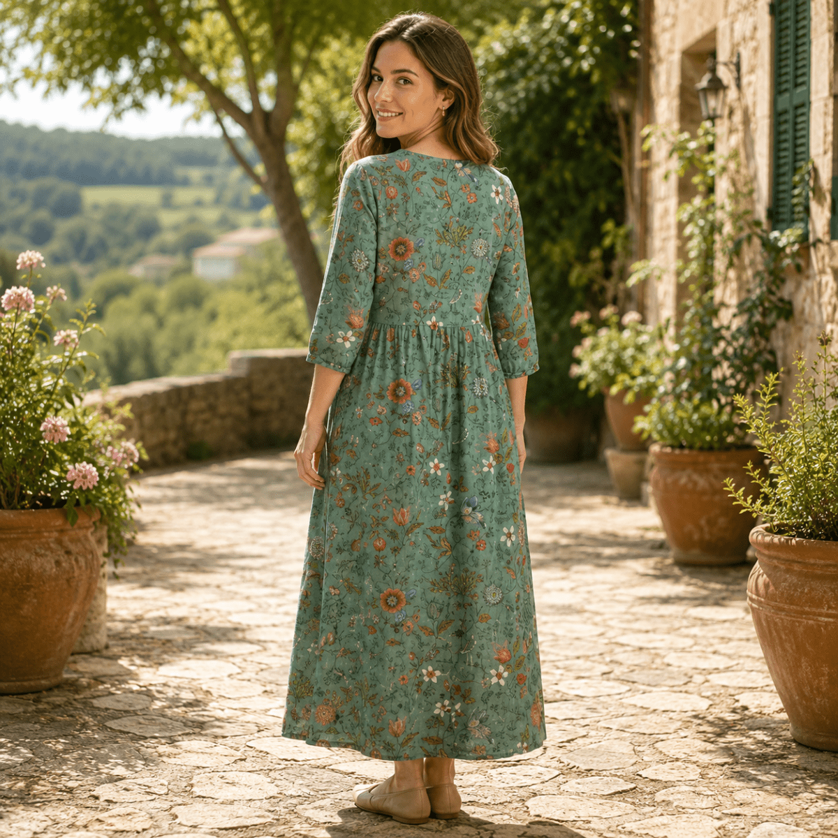 Floral Gathered Maxi Dress with Three Quarter Sleeves