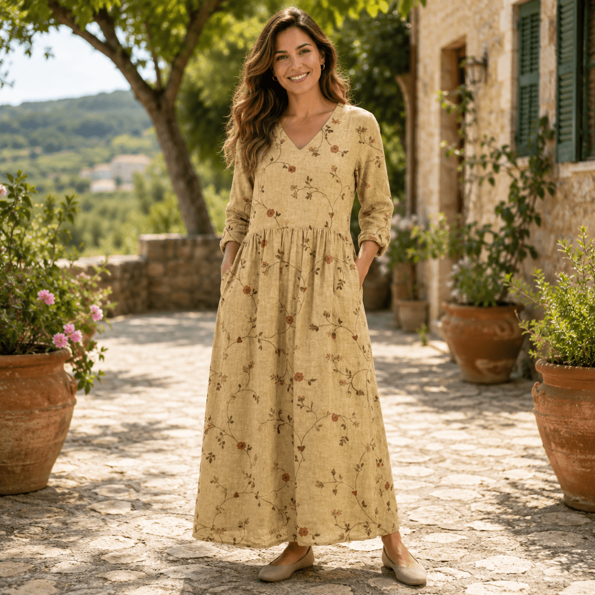 Floral Gathered Maxi Dress with Three Quarter Sleeves
