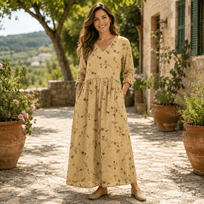Floral Gathered Maxi Dress with Three Quarter Sleeves