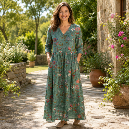 Floral Gathered Maxi Dress with Three Quarter Sleeves
