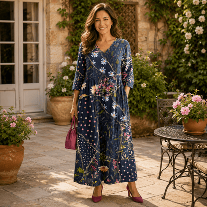 Blue Floral Gathered Midi Dress With Long Sleeves