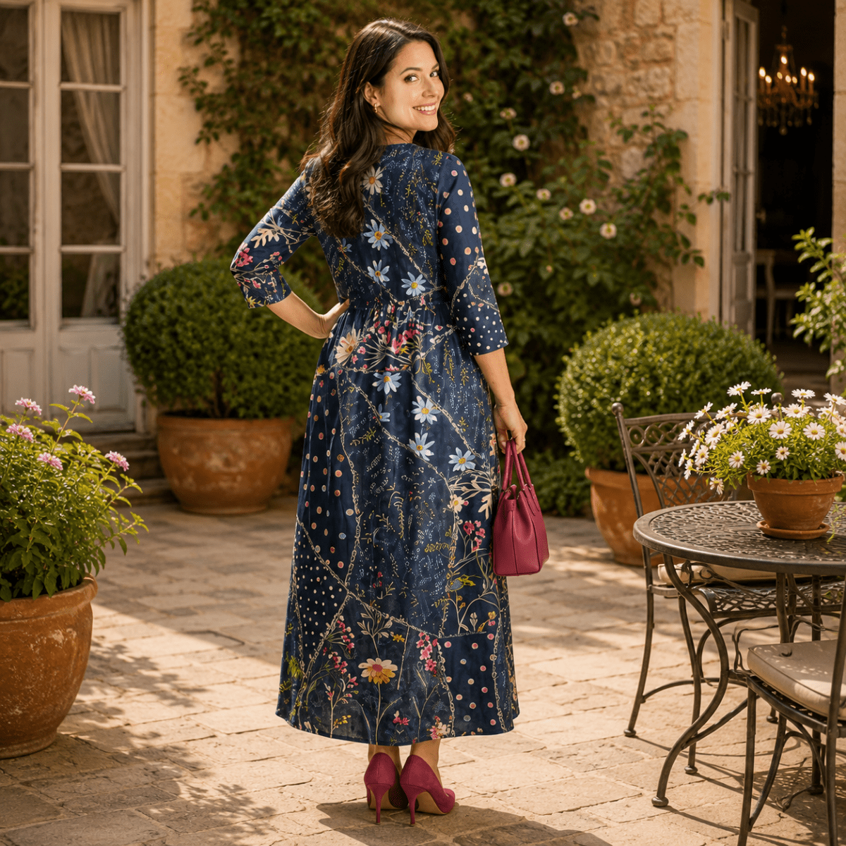 Blue Floral Gathered Midi Dress With Long Sleeves