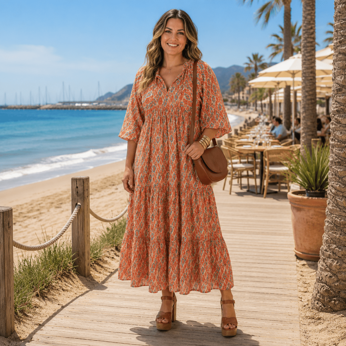 Tiered Midi Dress With Geometric Print