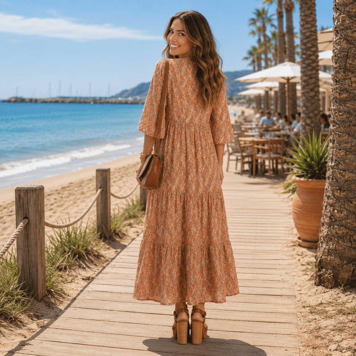 Tiered Midi Dress With Geometric Print