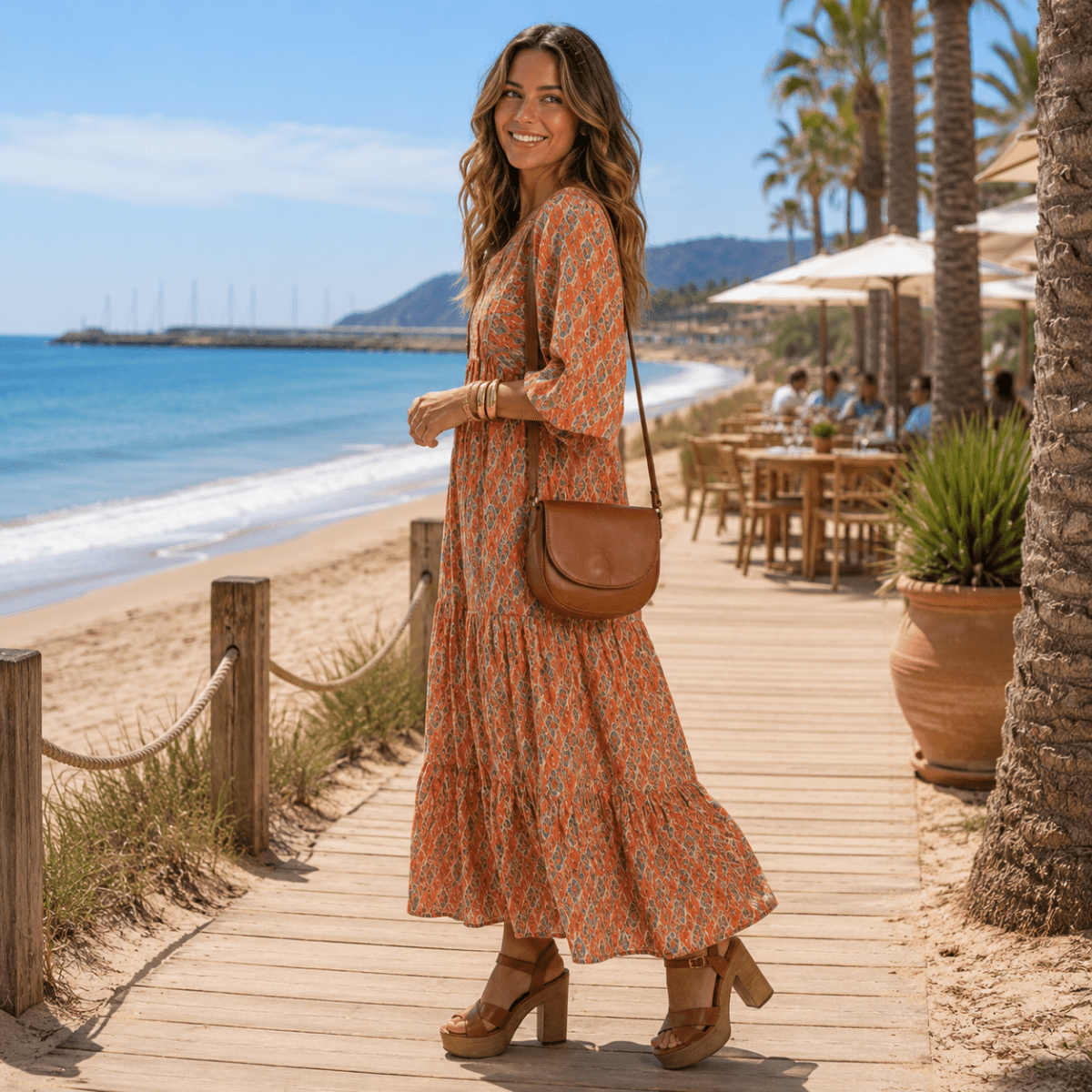 Tiered Midi Dress With Geometric Print