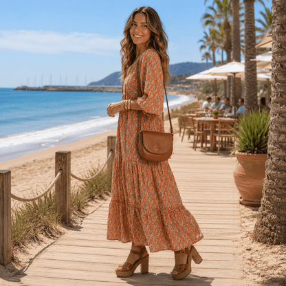 Tiered Midi Dress With Geometric Print
