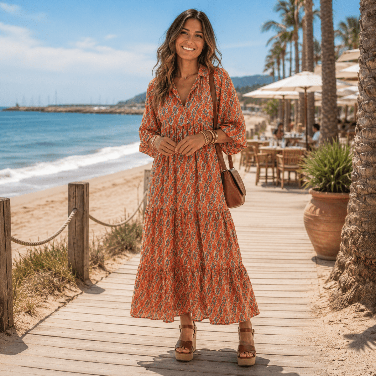 Tiered Midi Dress With Geometric Print