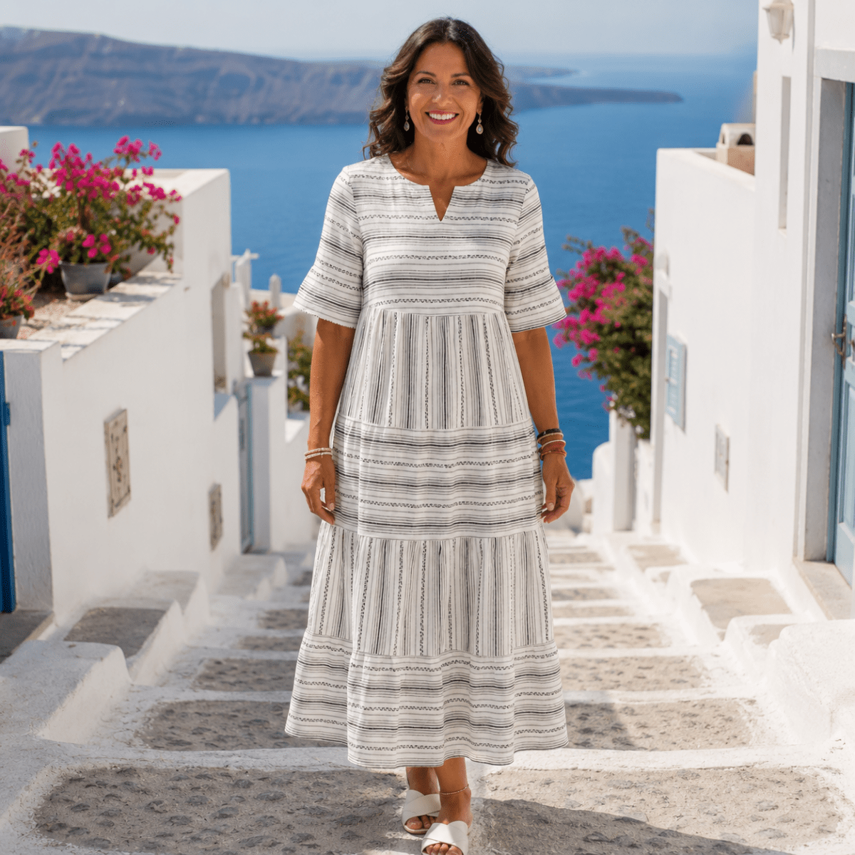 Tiered Stripe Midi Dress With Short Sleeves